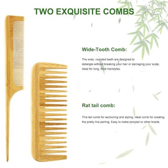 Hair Brush Set, Natural Bamboo Comb Paddle Detangling Hairbrush, Wide-tooth - Picture 6 of 7